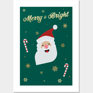 Merry & Bright Christmas Santa with Candy Cane and Snowflakes Posters and Art